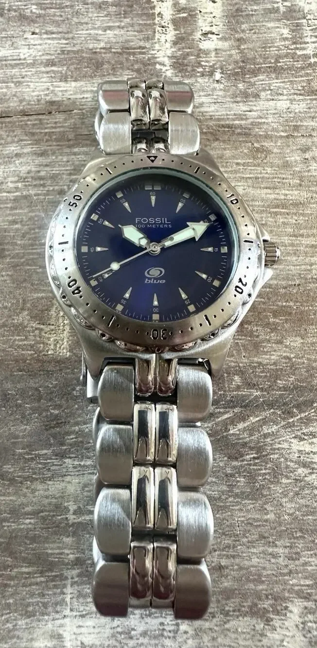 Fossil Mens Watch 35mm Blue Dial Diver AM-3715 Stainless Steel New Battery